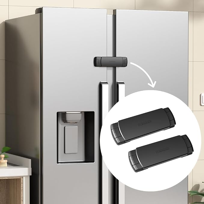 EUDEMON 2 Pack Latest French Fridge Lock French Door Refrigerator/Freezer Lock Apply to Max 3.54"(90mm) Two Door Gap Distance for Kids & Babies,Easy to Install no Tools Need or Drill (Black)