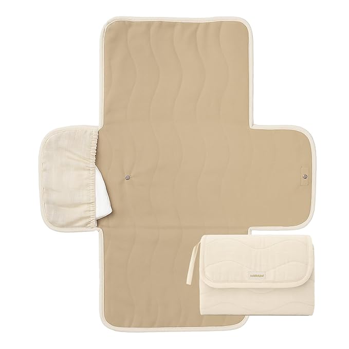 Toddlekind Mini Maven Portable Changing Pad ??Organic Cotton & Water-Resistant Polyester ??Travel-Friendly, Foldable Change Mat ??Tofu Beige Stripes with Wave Stitching ??Chic, Durable, Easy to Clean
