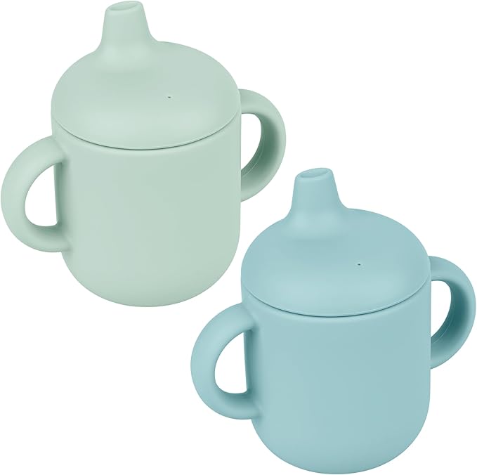 Silicone Baby Drinking Cups, Sippy Cups for 6-12 Months Toddlers - Pack of 2 Food Grade Silicone Traning Cups with Straws and Lids Grip Handle for Baby Led Weaning, 6 oz (Glacier/Plume)