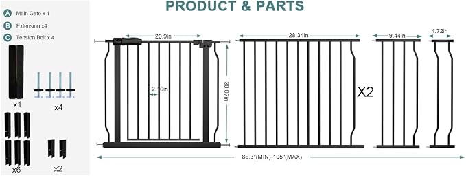 Extra Wide Baby Dog Gates for Doorways Tension Indoor Safety Gates Black Metal Large Pressure Mounted Pet Gate Walk Through Dog Gate for The House Stairs (Black, 86.3"-105"/219-267CM)