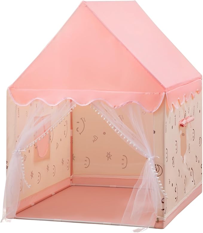 Kids Play Tent Children Tent with Smile Face Design Indoor Outdoor Princess Playhouse with Star Lights Pink Play Tent for Girls Boys Birthday Gift Pink