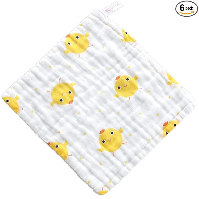 6 Layers of Baby Washcloths Natural Muslin Cotton with Cartoon Printed Design, Newborn Baby Face Towel Perfect Gifts Set of 6, Extra Soft, Breathable, 10x10 Inches (Yellow Chicken)