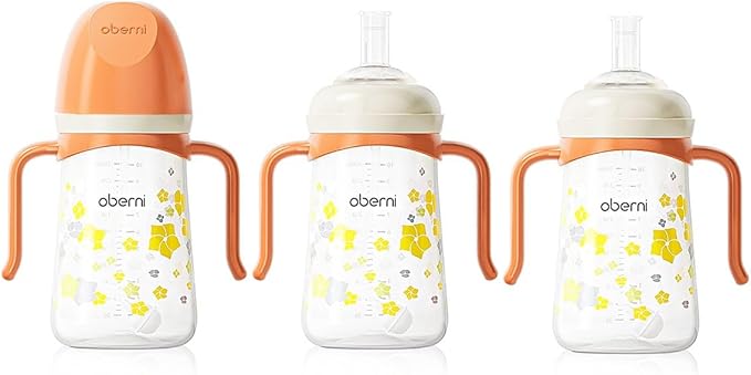 Oberni Toddler Sippy Cup 10oz, Weighted Straw Baby Drinking Water Bottle with Valved Spout for 6+ Months, 300ml/Orange/3Pack