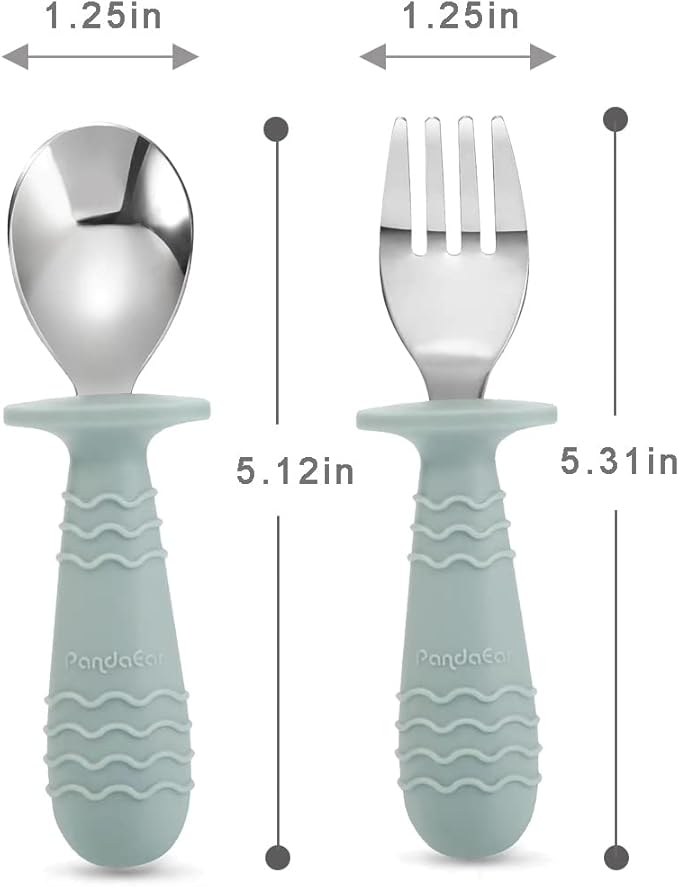 PandaEar 4 Set Baby Toddler Silicone Stainless Steel Utensils Silverware Spoon Fork for Baby Toddler BPA Free with Silicone Holding Anti-Choke Design