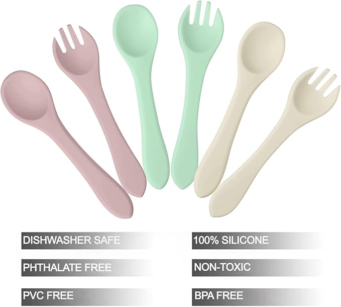 PandaEar Silicone Baby Spoon and Fork Set | 6 Pack First Stage Toddler Self Feeding Utensils 6-12 Months, 3 spoons & 3 forks | LED Weaning Spoons