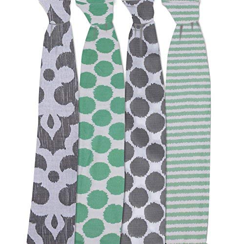 Bacati Ikat Mint/Grey Dots/Stripes Swaddling Muslin Blankets Set of 4