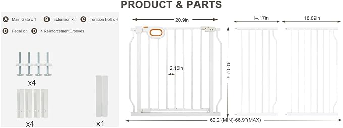 Baby Gates Extra Wide for Doorways 62.2-66.9 Inch Extra Wide Pressure Mounted Baby Dog Gate for the House Indoor Large Openning Metal Safety Gate No Drilling with Walk-Through Door,White