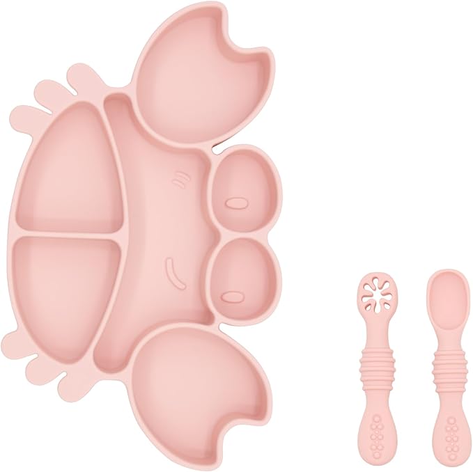 BabyX Silicone Feeding Set (3 PCs) Cove & Coast Series, Baby Plate with Suction Cup, Training Spoon and Fork, BLW Utensils for Toddler Kid, BPA-Free, Microwave/Dishwasher Safe - Pink Crab