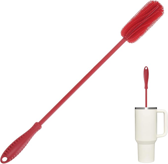15.7" Silicone Bottle Brush, ddLUCK Water Bottle Cleaner Brush for Stanley, Hydroflasks, Glass, Thermos Sports Bottle, Vase and Glassware, Bottle Brush Cleaner for Small Narrow Neck Containers (Red)