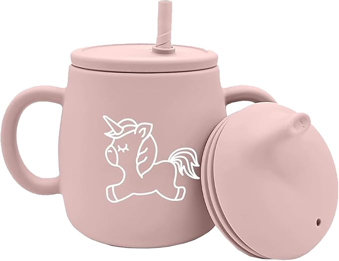 Silicone Straw Cup with Handles,Unicorn Silicone Baby Sippy Cups,Snack Cups for Toddlers,Dual-Purpose Toddler Training Cups,3 Stages Training Cup Dishwasher Safe and BPA Free 9 oz (PINK)