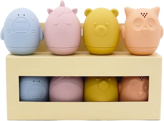 Baby?™s Way Bath Toys Mold Free Silicone Bathtub Toy Set for Babies 6??2 Months & Toddler Bath Toys Ages 1?? ??4 Pack Owl, Bear, Unicorn & Shark ??Safe BPA Free Infant Toys, Easy to Clean