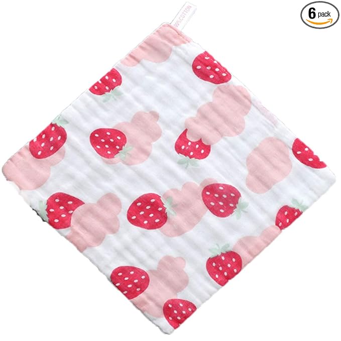 6 Layers of Baby Washcloths Natural Muslin Cotton with Cartoon Printed Design, Newborn Baby Face Towel Perfect Gifts Set of 6, Extra Soft, Breathable, 10x10 Inches (Cloud Strawberry)