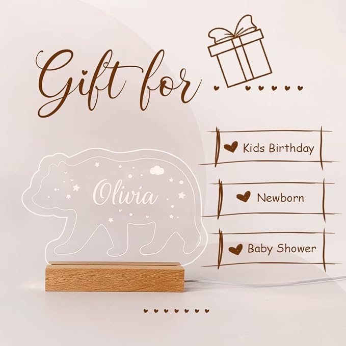 Personalized Name Night Light with Moon, Custom Name Led Lamp for Baby Kids, Brighter Made Customized Night Light Gift for Girl Boys (Bear)