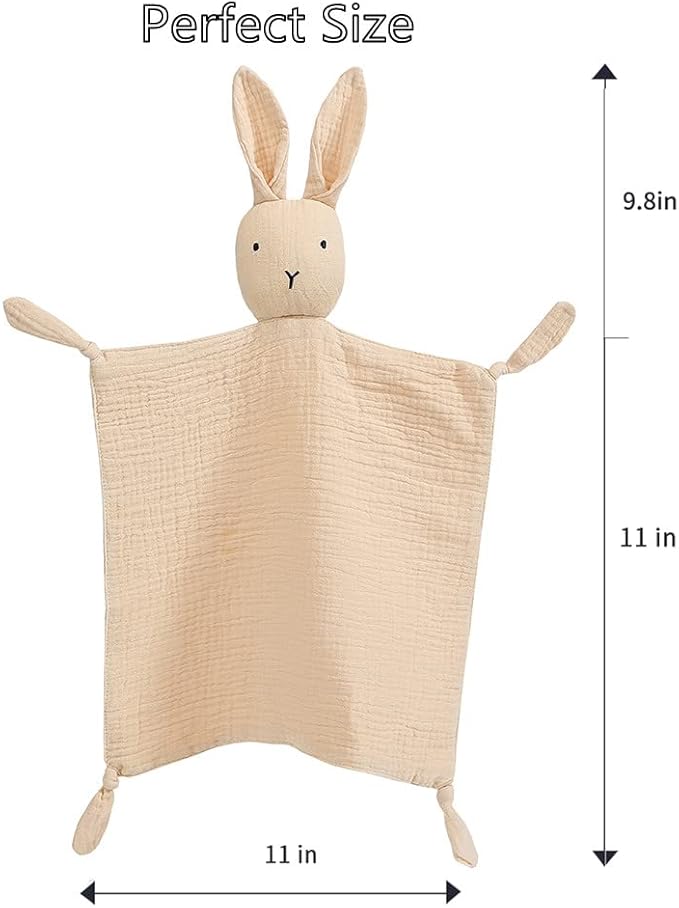 insular Bunny Lovey Blanket for Boys and Girls, Organic Cotton Muslin Security Blanket for Babies, Soft Breathable Lovie Soothing Towel for Newborn and Infant, 2 Pcs Set (Beige&Khaki)