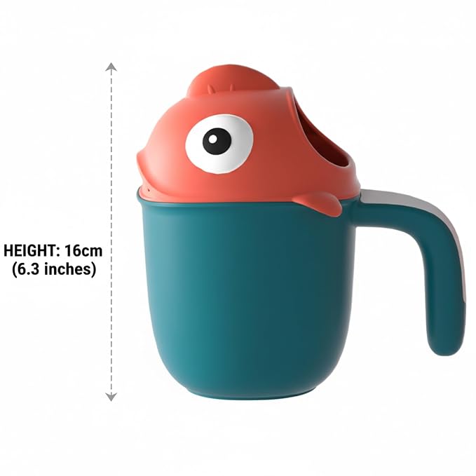Baby Bath Rinser Cup, Large Capacity Bath Jug for Rinsing Hair with 7-Hole Gentle Shower, Easy-Grip Cartoon Fish Design for Kids Time, Green
