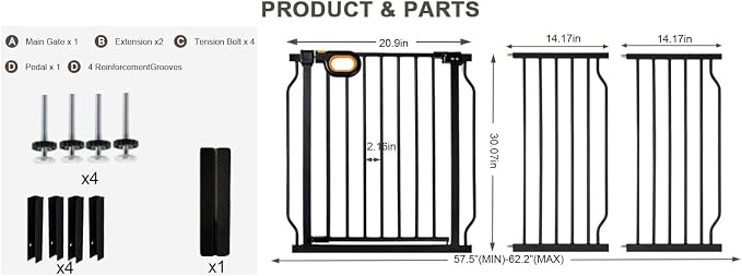 Baby Gates Extra Wide for Doorways 57.5-62.2 Inch Extra Wide Pressure Mounted Baby Dog Gate for the House Indoor Large Openning Metal Safety Gate No Drilling with Walk-Through Door,Black