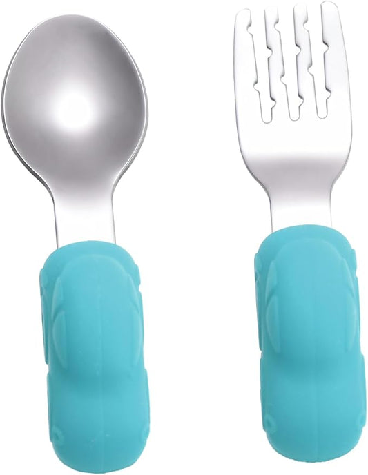 Healifty Stainless Steel Training Tableware Car Shaped Fork and Spoon for Safe Feeding Utensils with Comfortable Short Handles in Sky Blue for Self Feeding and Learning