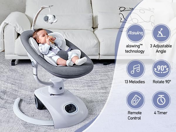 VaVaSoo Baby Swing for Infants Mamroo Electric Automatic Multi Motion Newborn for Girl & Boy with Remote Control, 5 Speed, 13 Melodies, Light Gray (Gary)