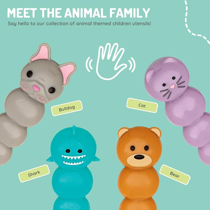melii Toddler and Kid Feeding Spoon Fork & Knife Set, Stainless Steel ??Bulldog, Cat, Shark, Bear??BPA Free, Dishwasher safe (Bear & Shark 6pc)
