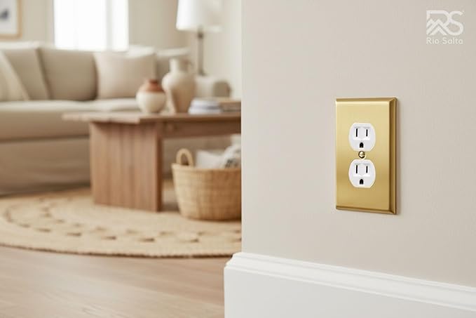 Rio Salto BRASS Signature Collection Brushed Brass Gold Metal Outlet Covers, Decorative Light Switch Cover Plate Wall Plate, Premium, Duplex 1-Gang, 2.75" X 4.50" Standard Size, 4-Pack