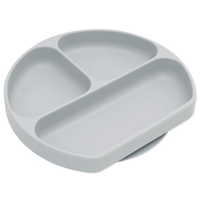 Bumkins Toddler and Baby Suction Plate, Divided Grip Dish for Babies and Kids, Baby Led Weaning, Feeding Supplies, Sticks to Tables and Highchairs, Platinum Silicone, for Chidren 6 Months, Gray
