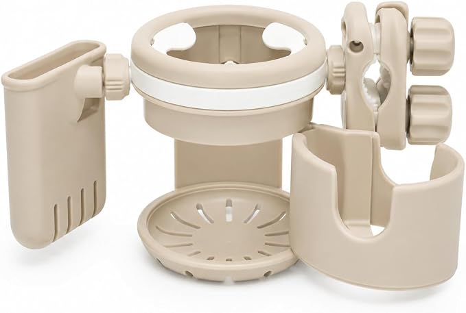 3-in-1 Stroller Cup Holder with Phone Holder, Dual Cup Holder with Upgraded Double Clamp, Universal Cup Holder for Stroller, Walker, Wheelchair & Bike, Anti-Spill Stable Drink Organizer (Khaki)