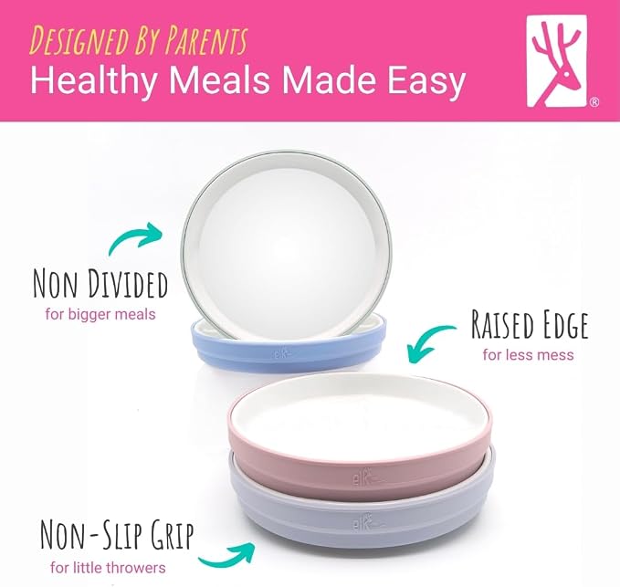 Elk and Friends Kids 7.8” Porcelain White Plates with Silicone Sleeves | Suitable for Babies/Toddlers | Microwave & Dishwasher Safe | Non Slip Dinnerware | Snack Dishes | 4 Pack