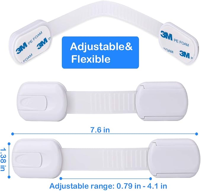 Socub 4 pack Child Safety Cabinets Strap Locks, Multi Use Latch with Strong Adhesive Pads, for Cabinets, Drawers, Oven, Toilet Seat, Fridge