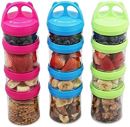 BariatricPal 4 Compartment Twist Lock, Stackable, Leak-Proof, Food Storage, Snack Jars & Portion Control Lunch Box (3-Color Variety Pack)
