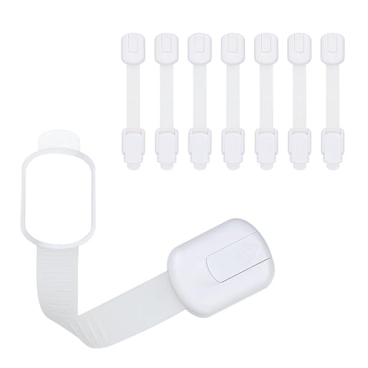 Child Safety Cabinet Locks (8 Pack) – Adjustable Baby Proofing Strap Latches with Strong 3M Adhesive – No Drill Childproof Locks for Drawers, Cabinets, Fridge, Door, Closet, White