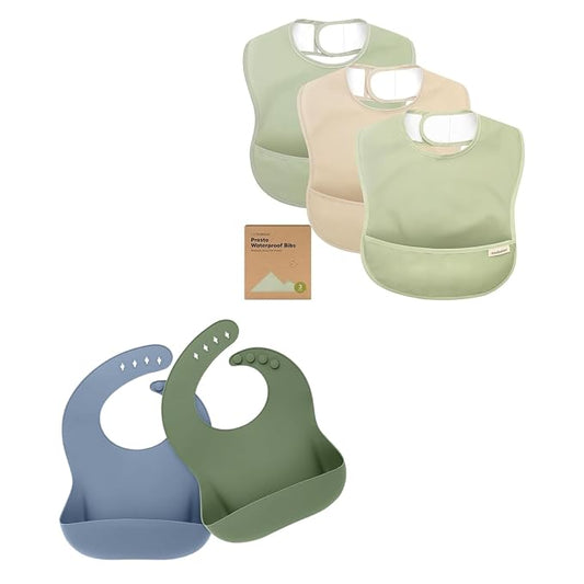 KeaBabies 3-Pack Waterproof Baby Bibs for Eating and 2-Pack Baby Silicone Bibs - Lightweight Drool and Food Catcher - Waterproof, Easy Wipe Silicone Food Catcher for Toddlers