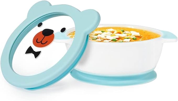 MR. CHOU Ceramic Baby Bowls with Suction Base, Infant Led Weaning Supplies with BPA Free Airtight Lid & Handles for Babies Self-feeding, 100% Food Grade Kid Bowls, Microwave & Dishwasher Safe, Blue