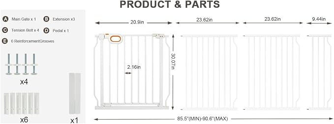 Baby Gates Extra Wide for Doorways 85.5-90.6 Inch Extra Wide Pressure Mounted Baby Dog Gate for the House Indoor Large Openning Metal Safety Gate No Drilling with Walk-Through Door,White