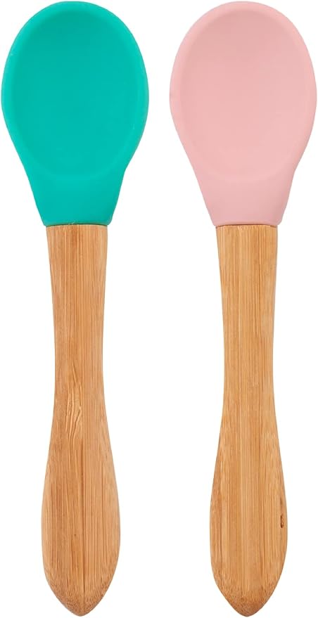 MinikOiOi Scoops 100% Silicone Spoon with Detachable Bamboo Handle 9m+ Aqua Green/Pinky Pink (2 Count)