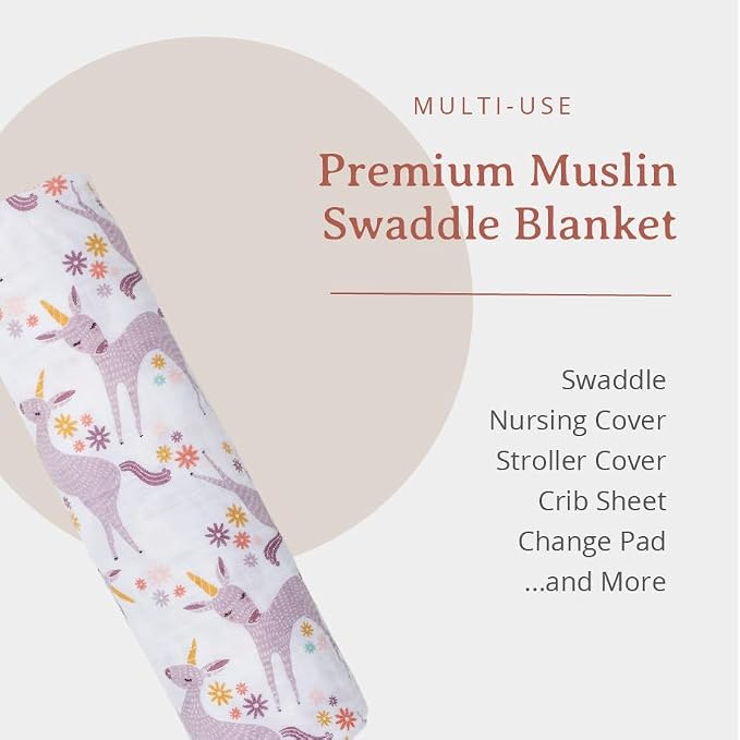 Lulujo Baby Swaddle Blanket| Unisex Softest 100% Cotton Muslin Swaddle Blanket| Neutral Receiving Blanket for Girls & Boys | 47in x 47in Unicorn