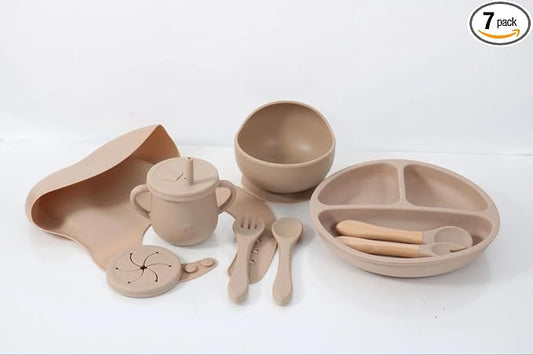 BPA-FREE 7-Piece Silicone Baby Feeding Set, Non-Toxic Plates and Utensils, Includes Divided Plate, Suction Bowl, Sippy Cup, Bib, Spoons and Fork (beige)