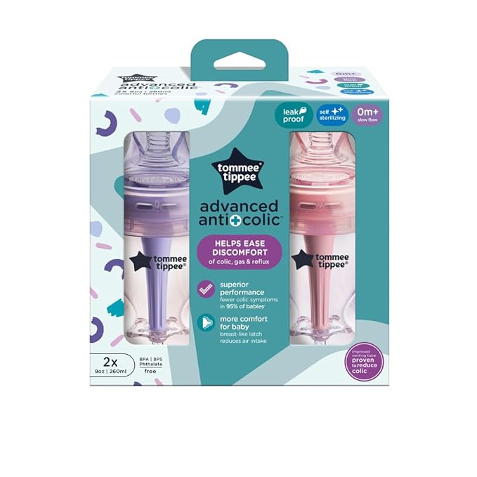 Tommee Tippee Advanced Anti-Colic 9 oz BPA Free Baby Bottles,Newborn 0+ Months,Slow Flow Breast-Like Nipple,Unique Design Keeps Air Away from Milk and Baby,Pink and Purple,(Pack of 24)