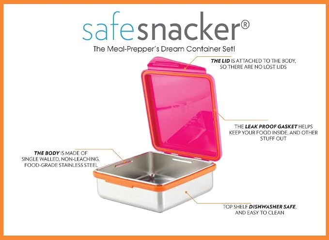 New Wave Enviro Safe Snacker, Stainless Steel Food Container, BPA Free, Stackable and Cabinet Friendly, Pink, Large Size, 23oz. Capacity