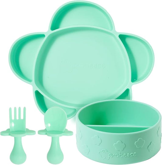 Grabease Silicone Baby Plates & Bowls Set - Strong Suction Base & Bowls with Suction - Encourages Self-Feeding with Toddler Utensils - Dishwasher-Safe Design & Baby Feeding Set - Mint, Pack of 4