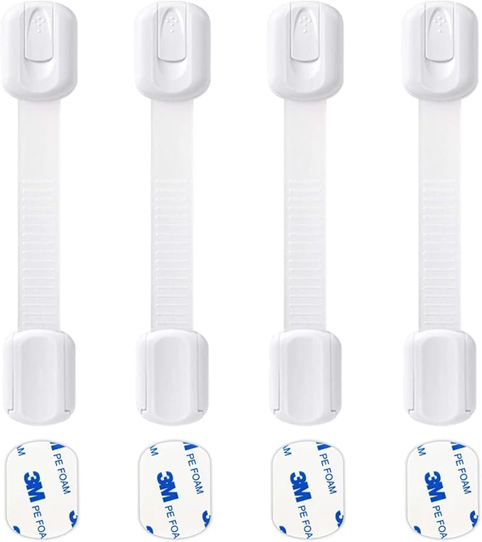 Socub 4 pack Child Safety Cabinets Strap Locks, Multi Use Latch with Strong Adhesive Pads, for Cabinets, Drawers, Oven, Toilet Seat, Fridge