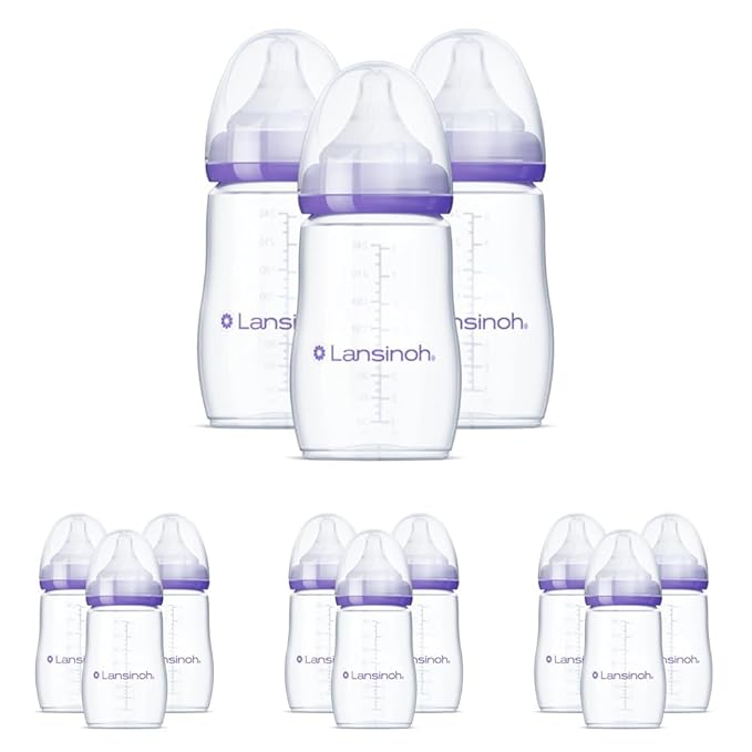 Lansinoh Anti-Colic Baby Bottles for Breastfeeding Babies,8 Ounces,Includes Medium Flow Nipples,Size M,(Pack of 12)