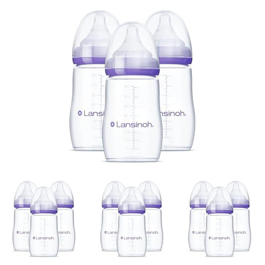 Lansinoh Anti-Colic Baby Bottles for Breastfeeding Babies,8 Ounces,Includes Medium Flow Nipples,Size M,(Pack of 12)