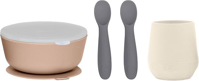 WeeSprout First Feeding Set - Silicone Baby Training Cup 2 Oz, Suction Bowl 10 Oz with Lid & 2 Baby Led Weaning Spoons - For Children 6+ Months - Non-Slip Grip - Dishwasher & Microwave Safe