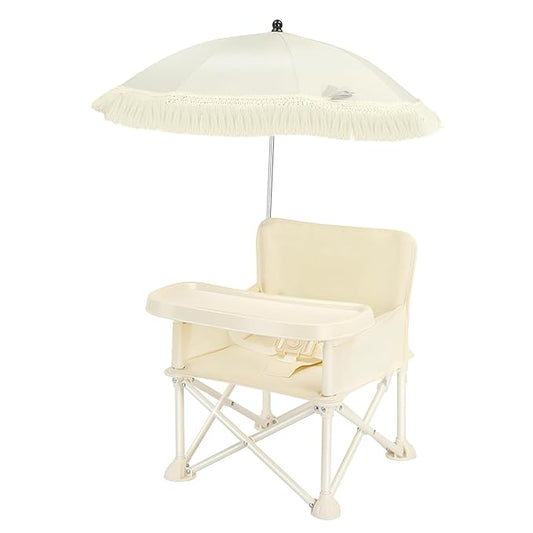 Portable Folding Baby Dining Chair, Outdoor high Chair, Foldable Toddler Feeding seat with Sunshade and seat Belt (Beige Tassel Umbrella)
