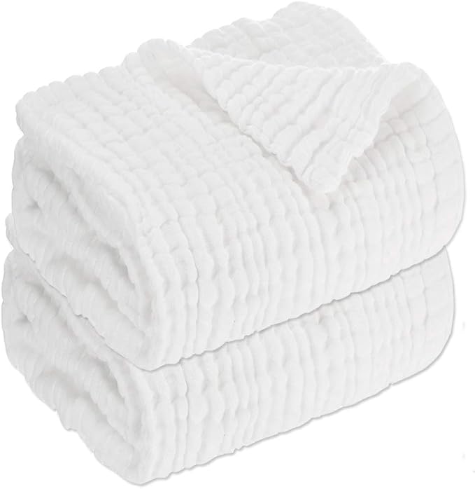 Aablexema Muslin Baby Blanket Set of 2, 6-Layer 43 x 43 Inches Newborn Toddler Bath Towel Swaddle Wrap Blankets for Boys Girls(White)