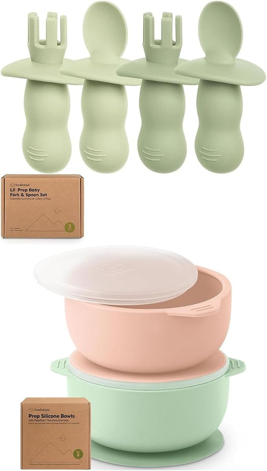 Keababies 4-Pack Silicone Baby Spoons and Forks Set and 2-Pack Baby Bowls with Suctions, Lids - Baby Spoon Self Feeding, BLW Baby Utensils - Silicone Suction Bowls for Baby Boy, Girl