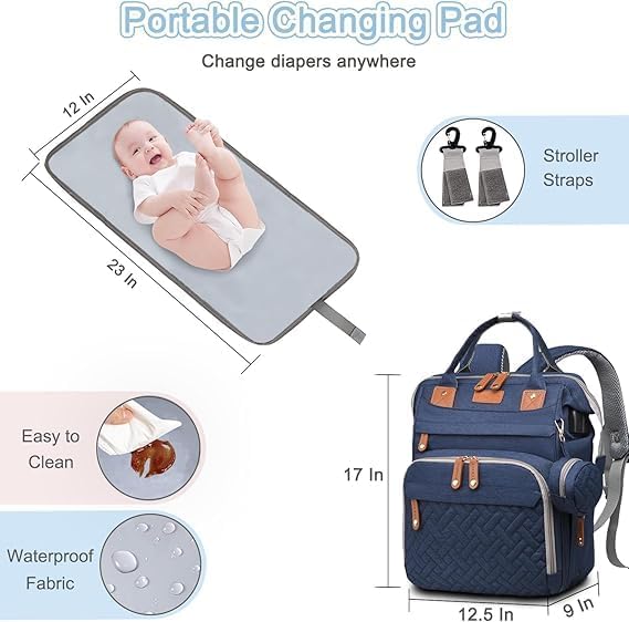 Diaper Bag With Changing Pad, Travel Waterproof Bagpack Diaper Bag For Mom Dad With USB Charging Port, Large Capacity & Multifunctional With Insulated Pacifier Case -Dark Blue