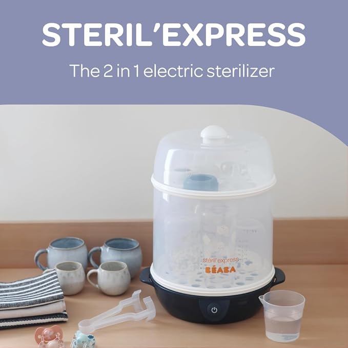 BEABA Steril' Express 2-in-1 Baby Bottle Sterilizer, Fast Sterilization in 6 Minutes, Auto Shut Off Feature, Steam Sterilizer for Baby Bottles, Midnight