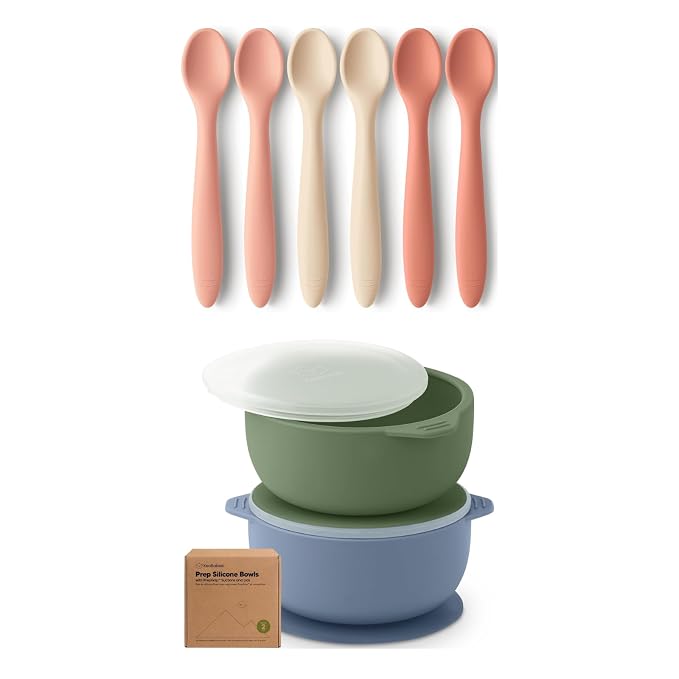 KeaBabies 6-Pack Silicone Baby Spoons and 2-Pack Baby Bowls with Suctions and Lids - Toddler First Food Training Spoon, Silicone Suction Bowls for Boy, Girl