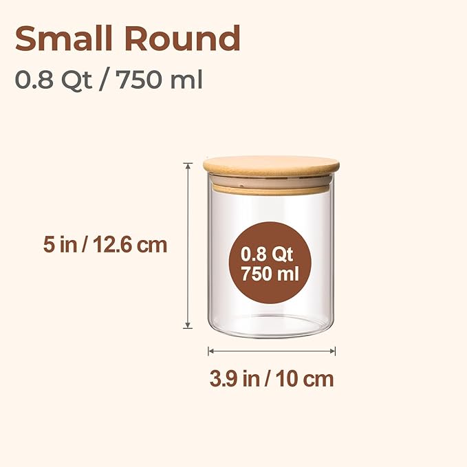 ComSaf 0.8 Qt Glass Food Storage Jars Set of 6, Clear Glass Storage Containers with Lids, Pantry Organization Jar, Spice Jar, Blooming Tea, Coffee and Sugar Container, Small Canister Set for Kitchen